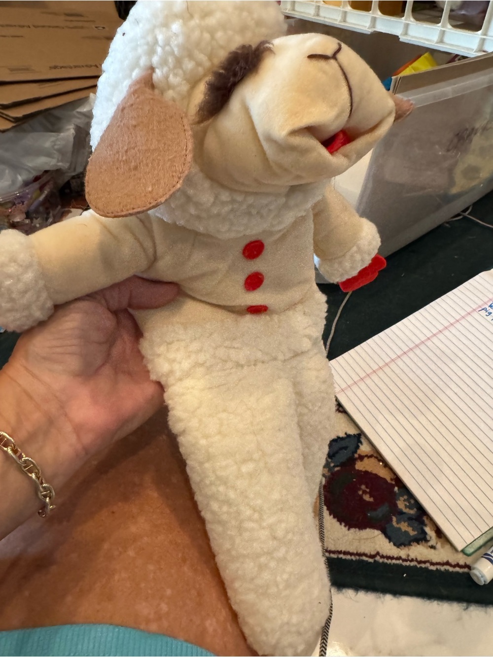 Plush Lamb chop puppet Toy in Cream with Red Accents